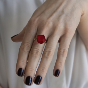 Ring Cherry Red 12mm Minimal ring band silver on model gold-plated.jpg