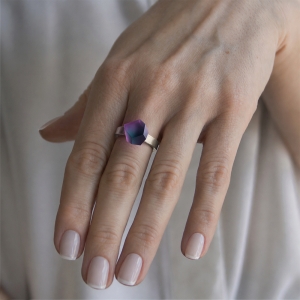 Ring Pink Green Aurora 8mm Signature ring band silver on model.jpg